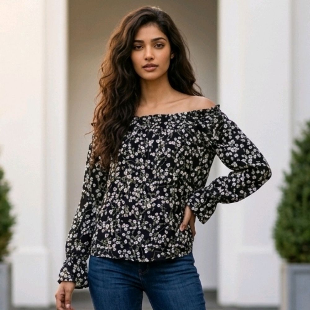 Belle Sky Floral Peasant Blouse Medium Off Shoulder Modern Romantic Boho Top